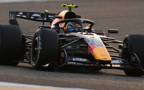 A Formula 1 car driving on the track during pre-season testing in Bahrain