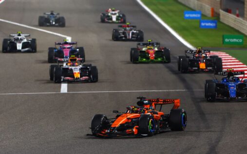A Mercedes Formula 1 car driving on track during pre-season testing in Bahrain