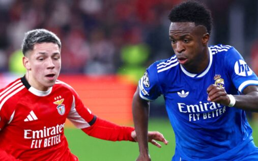 Real Madrid forward Vinicius Jr confronting an opponent during a Champions League match
