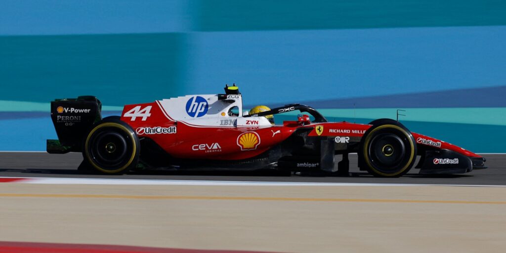 Lewis Hamilton driving the Ferrari F1 car on track during pre-season testing in Bahrain