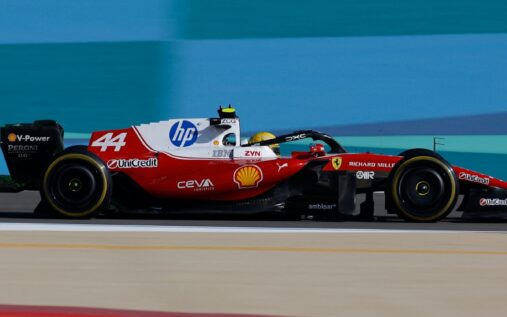 Lewis Hamilton driving the Ferrari F1 car on track during pre-season testing in Bahrain