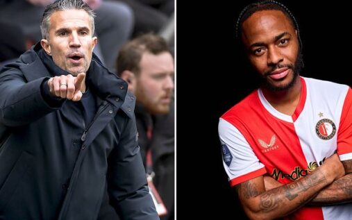 Raheem Sterling posing with a Feyenoord shirt alongside manager Robin van Persie