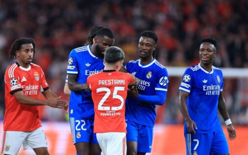 Real Madrid winger Vinicius Junior gesturing on the pitch during a Champions League match