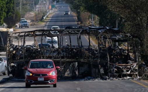 Security forces patrol outside the Estadio Akron in Guadalajara, a 2026 World Cup host venue.