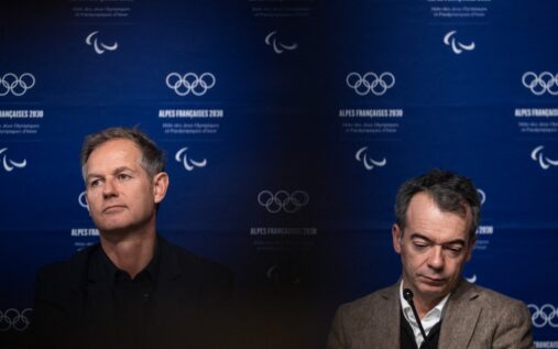 Cyril Linette and Edgar Grospiron at a press event for the French Alps 2030 Winter Olympics bid