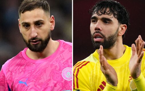 Gianluigi Donnarumma gesturing to teammates during a Manchester City match