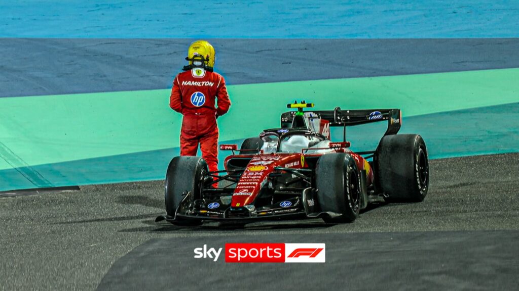 Lewis Hamilton's F1 car stopped on the track at the Bahrain International Circuit during a practice session.