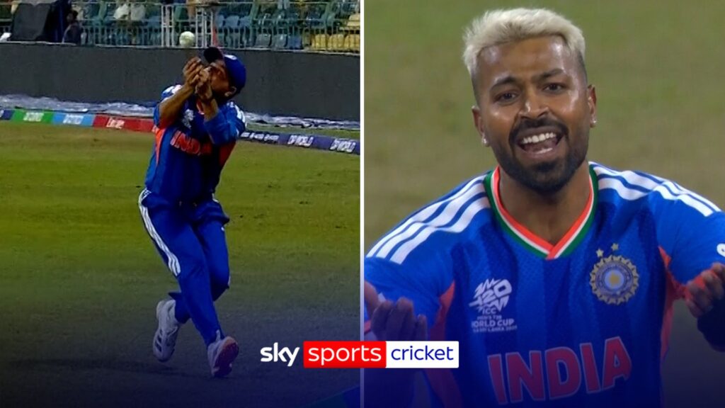 Hardik Pandya looking frustrated with hands on hips during a cricket match for India