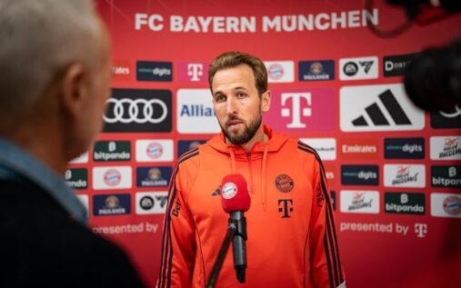 Harry Kane celebrating a goal for Bayern Munich in the Bundesliga