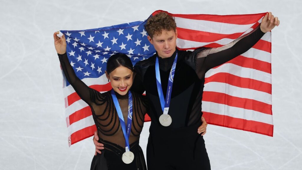 Madison Chock and Evan Bates looking emotional on the ice after their free dance performance