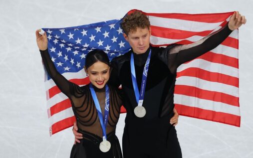 Madison Chock and Evan Bates looking emotional on the ice after their free dance performance