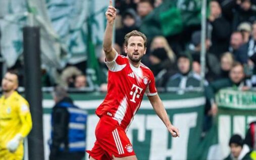 Harry Kane celebrating a goal for Bayern Munich in the Bundesliga
