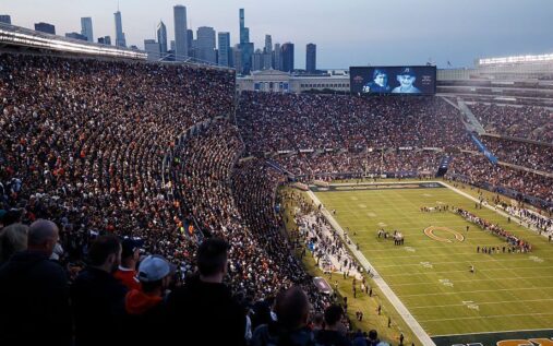 Chicago Bears helmet sitting on the grass field during an NFL game