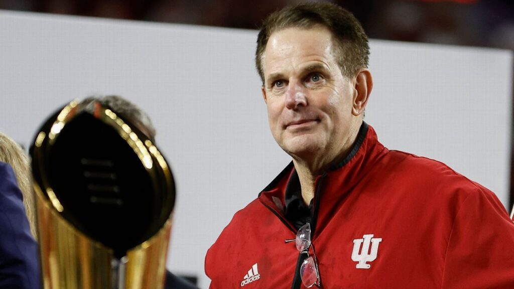 Indiana head coach Curt Cignetti celebrating on the sidelines during a game