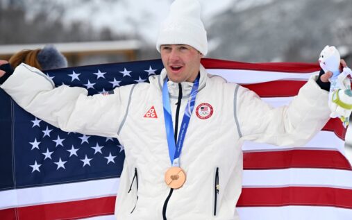 US snowboarder Jake Canter celebrating his bronze medal win at the Winter Olympics slopestyle event