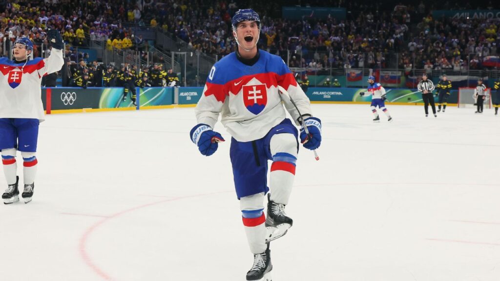Juraj Slafkovsky celebrating a goal for Slovakia in the men's Olympic ice hockey tournament