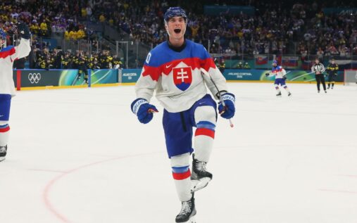 Juraj Slafkovsky celebrating a goal for Slovakia in the men's Olympic ice hockey tournament