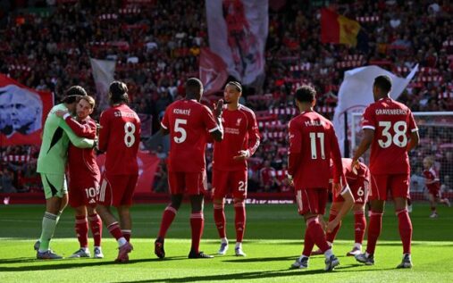 Liverpool goalkeeper Alisson Becker instructing his defence during a Premier League match