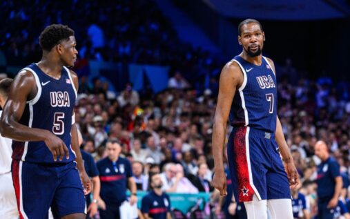 Kevin Durant celebrating with his fourth Olympic gold medal while playing for Team USA basketball