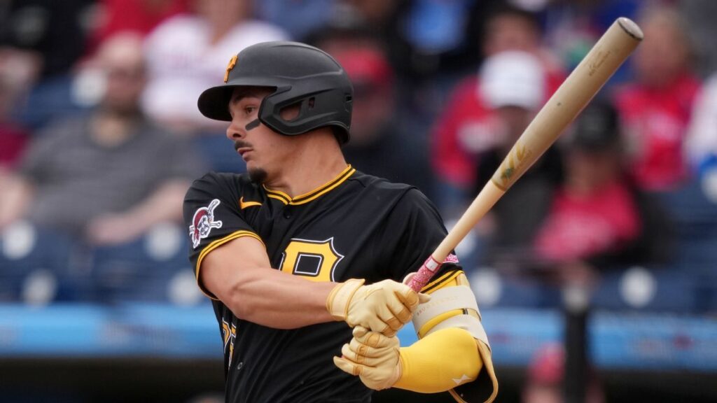 Pittsburgh Pirates prospect Konnor Griffin batting during a spring training game against the Boston Red Sox