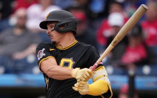 Pittsburgh Pirates prospect Konnor Griffin batting during a spring training game against the Boston Red Sox