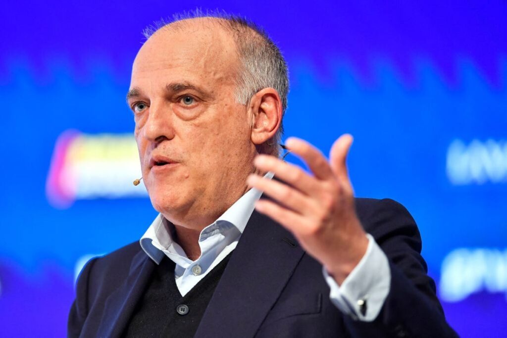La Liga president Javier Tebas speaking at the Financial Times Business of Football Summit