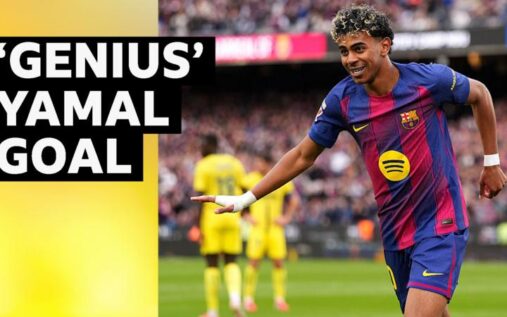 Lamine Yamal celebrating his goal for Barcelona against Villarreal in La Liga