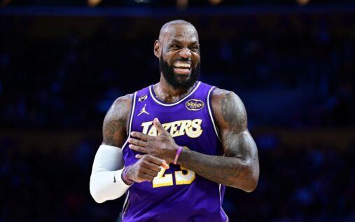 LeBron James dribbling the basketball up the court for the Los Angeles Lakers