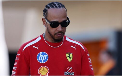 Lewis Hamilton driving the Ferrari Formula 1 car during pre-season testing at the Bahrain International Circuit