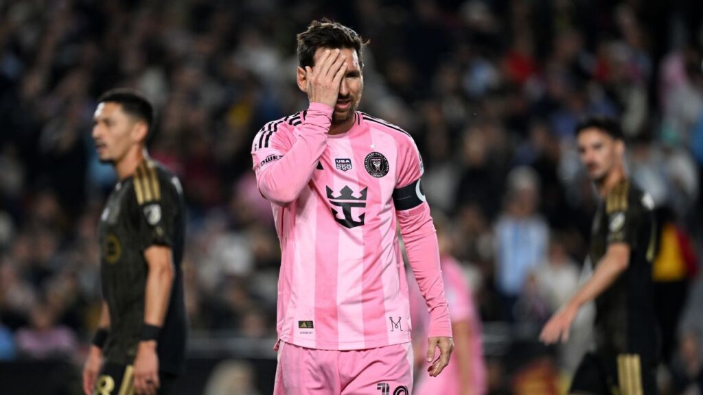 Lionel Messi looks dejected wearing the pink Inter Miami kit during the MLS match against LAFC
