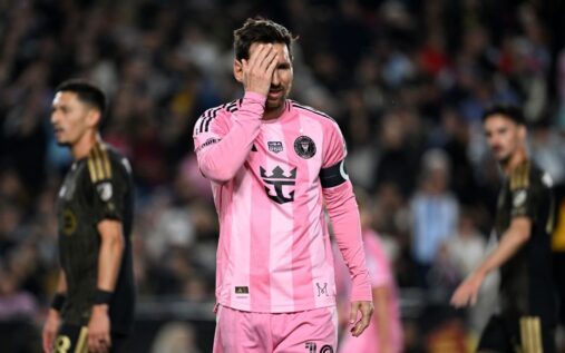 Lionel Messi looks dejected wearing the pink Inter Miami kit during the MLS match against LAFC