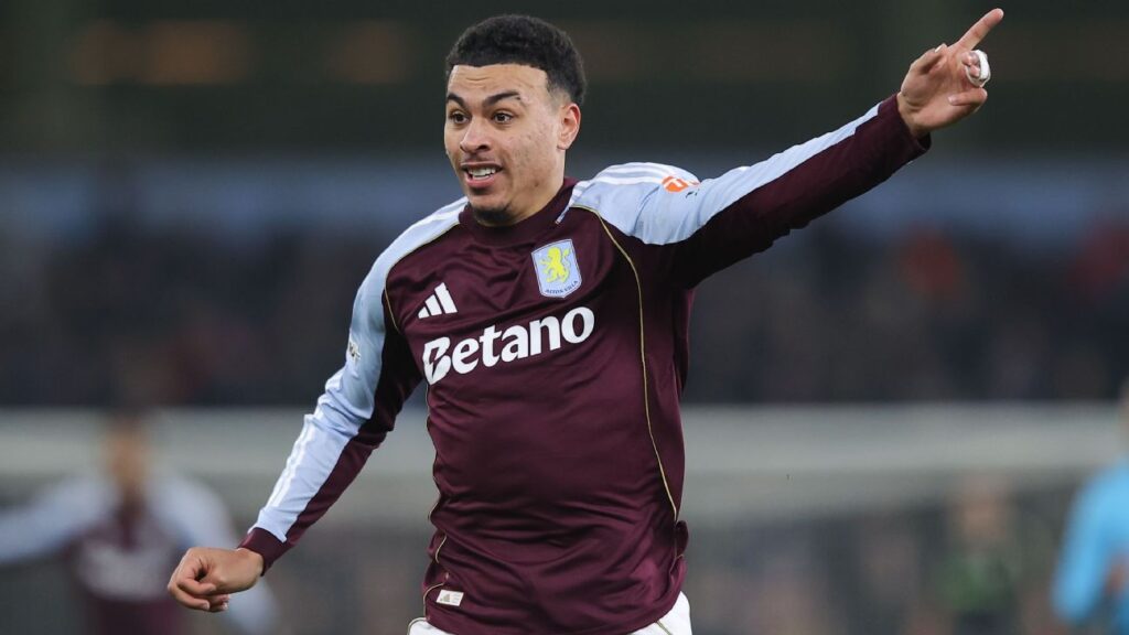 Aston Villa midfielder Morgan Rogers clapping the fans at Villa Park