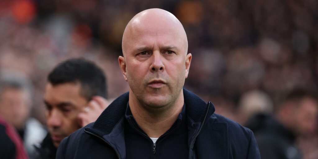 Liverpool manager Arne Slot gesturing on the touchline at Anfield during a Premier League match