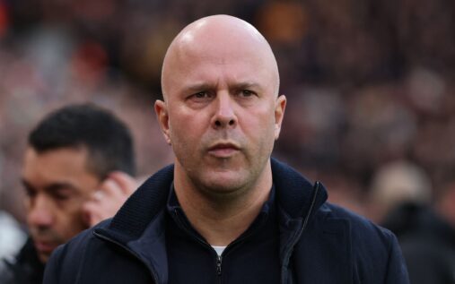 Liverpool manager Arne Slot gesturing on the touchline at Anfield during a Premier League match