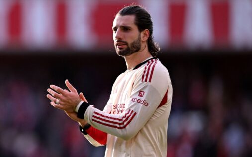 Jeremie Frimpong in training kit looking focused ahead of Liverpool's match against West Ham