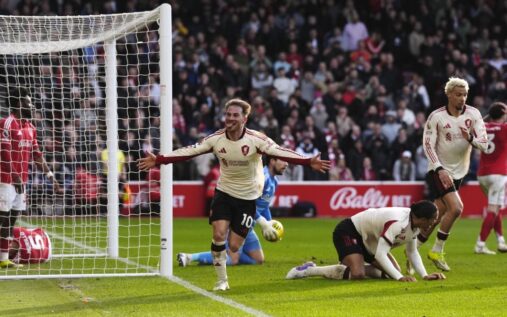 Alexis Mac Allister celebrates with teammates after scoring a late winner for Liverpool against Nottingham Forest