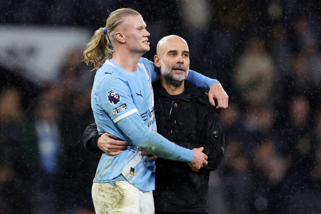 Erling Haaland applauding fans at the Etihad Stadium after Manchester City's victory over Newcastle