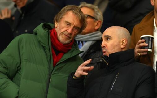 General view of Old Trafford stadium with the Manchester United crest visible on the stand