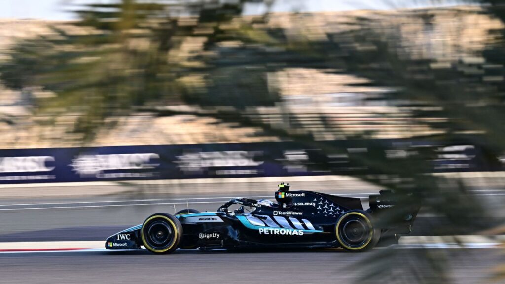George Russell driving the silver Mercedes F1 car on track during Bahrain preseason testing