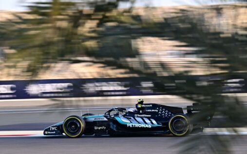 George Russell driving the silver Mercedes F1 car on track during Bahrain preseason testing