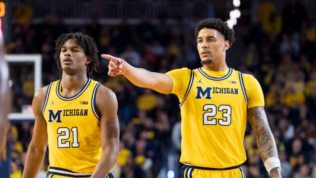 Michigan Wolverines basketball players celebrating on the court during a game