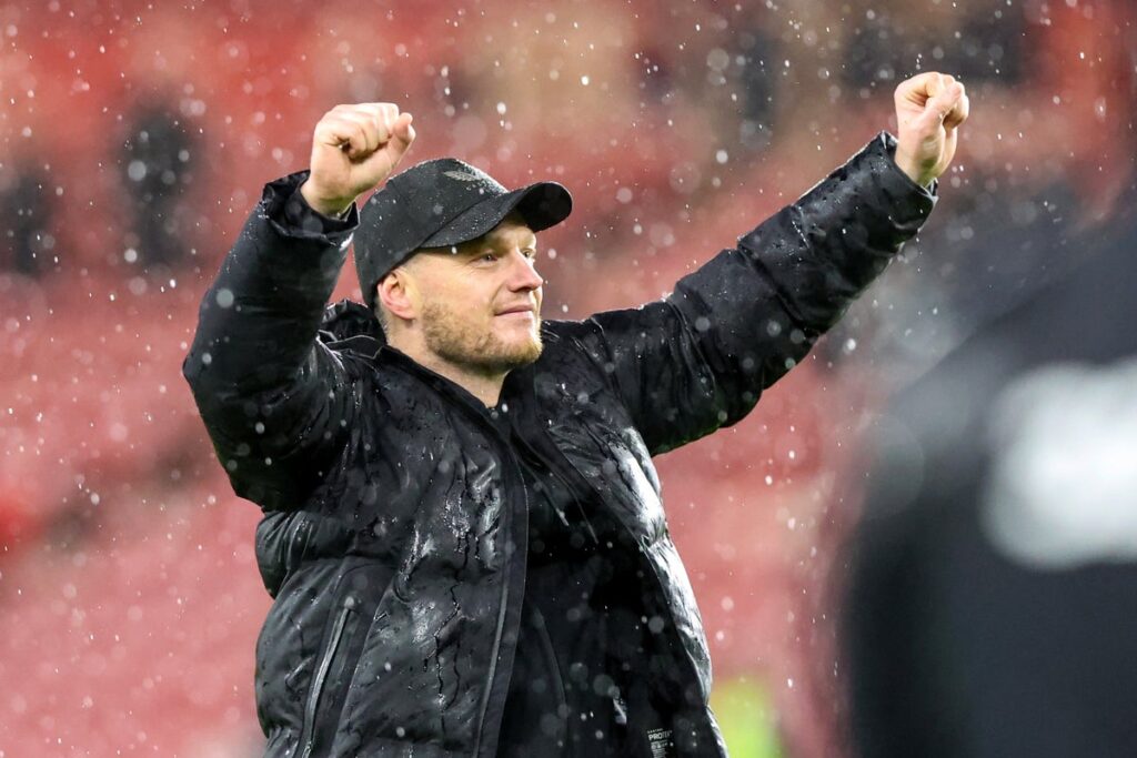 Kim Hellberg shouting instructions from the technical area during a Middlesbrough match at the Riverside Stadium