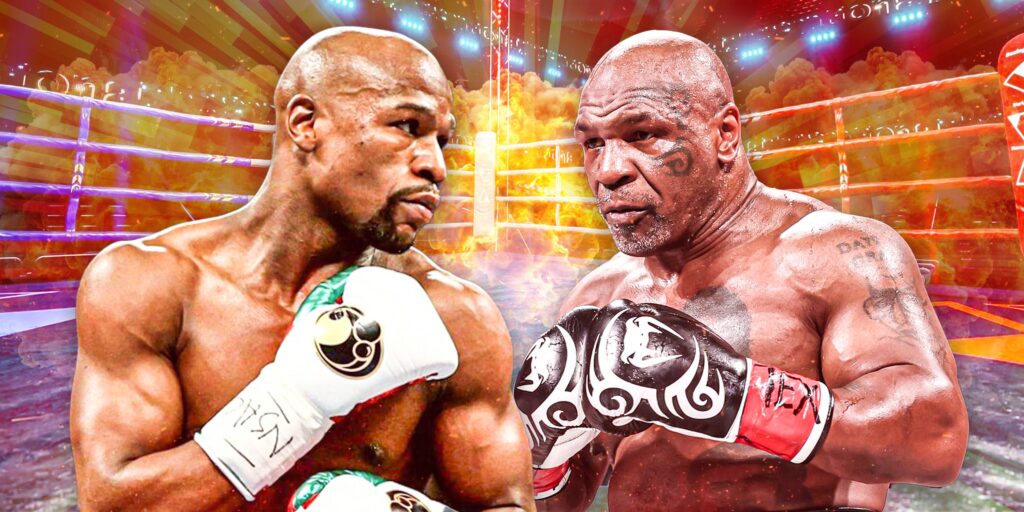 Mike Tyson and Floyd Mayweather facing off in a promotional boxing composite image