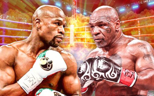 Mike Tyson and Floyd Mayweather facing off in a promotional boxing composite image