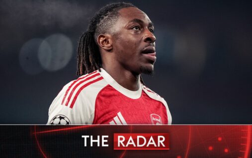 Eberechi Eze looking pensive during an Arsenal training session with Mikel Arteta in the background