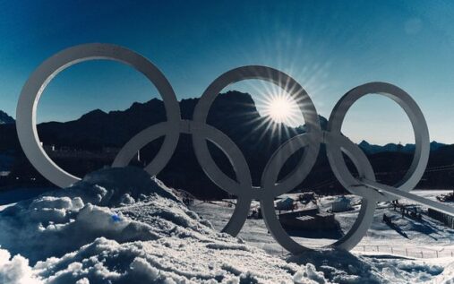 General view of a snowy construction site in the Italian Alps near Cortina d'Ampezzo