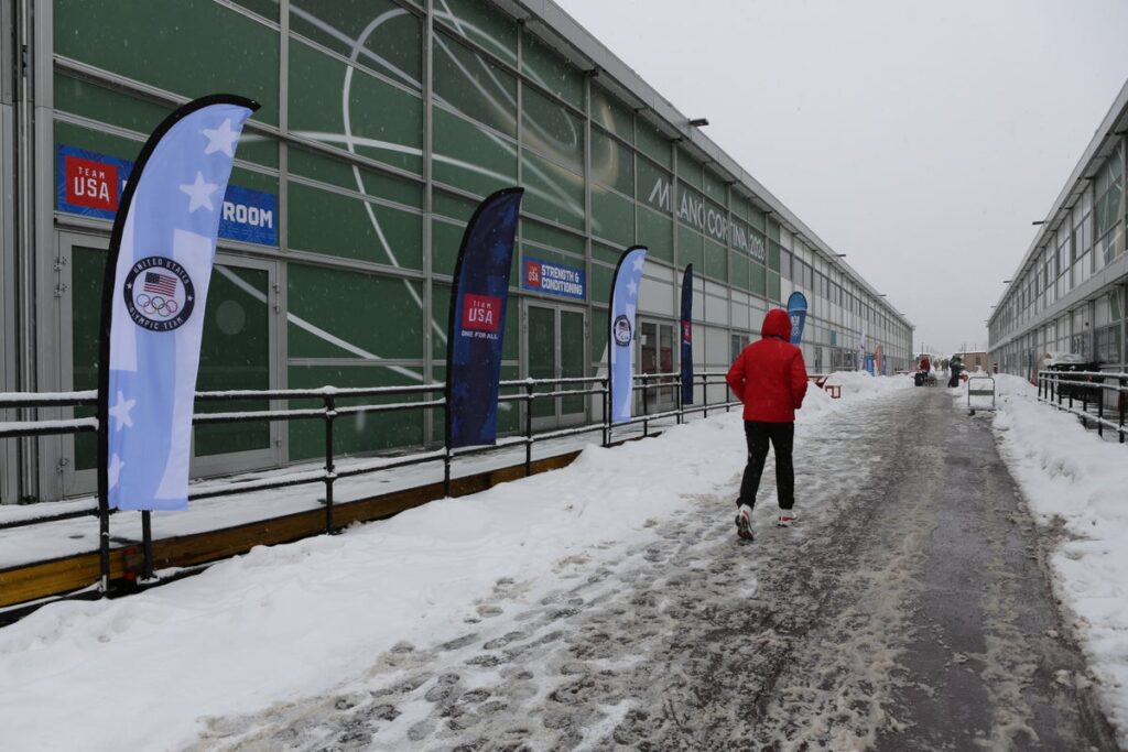 General view of the snow-covered Olympic village at the Milan-Cortina Winter Games