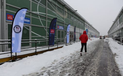 General view of the snow-covered Olympic village at the Milan-Cortina Winter Games