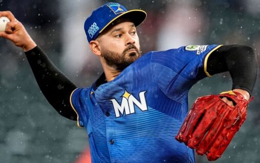 Minnesota Twins pitcher Pablo Lopez looking focused while preparing to throw a pitch during an MLB game