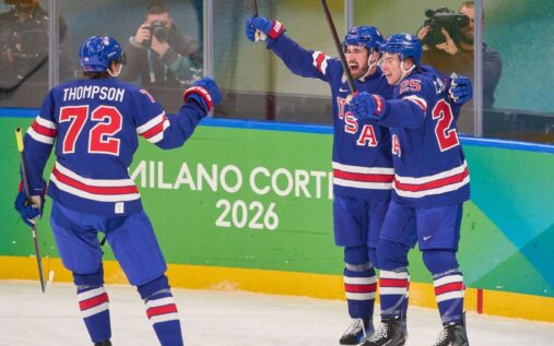 Tampa Bay Lightning winger Nikita Kucherov celebrating a goal on the ice